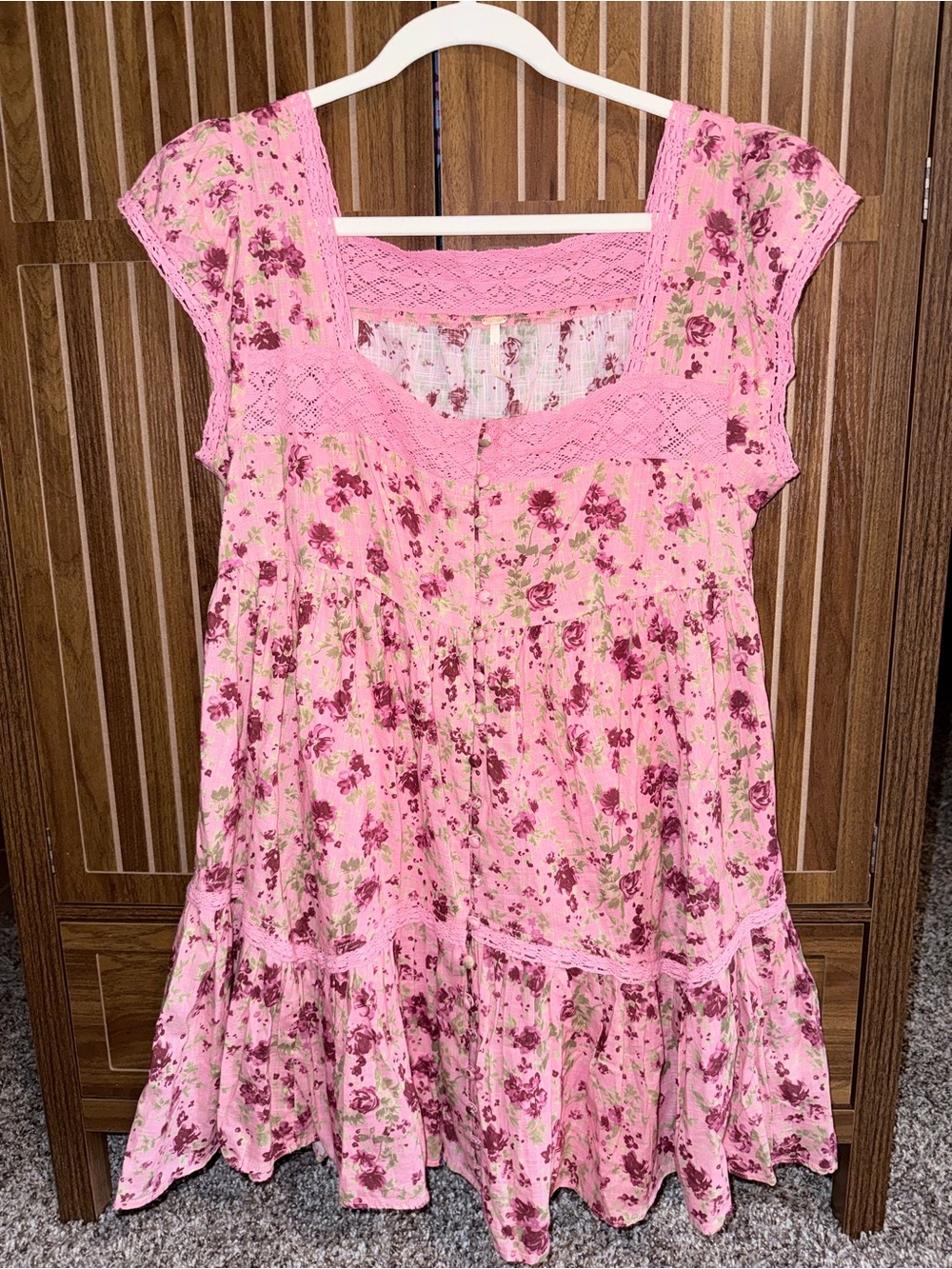 Free People Alessia Pink Floral Tiered Cotton Mini Dress